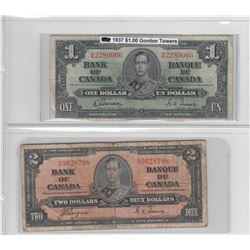 1937 Canada $1 & $2 Bank of Canada Notes