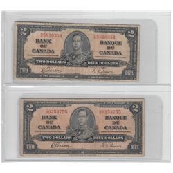 Pair of 1937 Canada $2 Bank of Canada Notes. 2pcs.