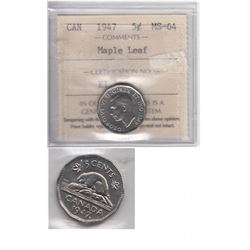 1947 Maple Leaf Canada 5-cent ICCS Certified MS-64
