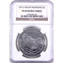 1991-S United States Mount Rushmore Silver Dollar NGC Certified PF-69 Ultra Cameo.