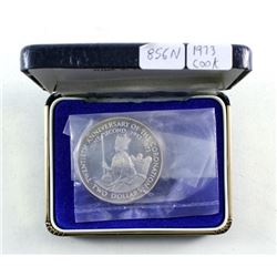 1973 Cook Islands silver proof $2 for 20th Anniversary of the Coronation. The coin is toned.