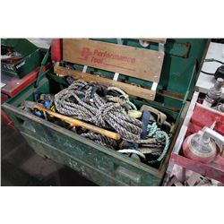 GREEN STORAGE BOX WITH ASSORTED ROPES, HARNESSES ETC.