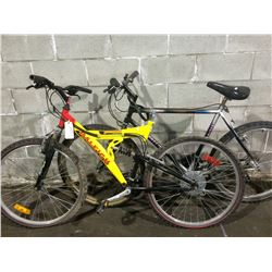 YELLOW RALEIGH CLIFFHANGER MOUNTAIN BIKE AND GREY PRECISION MOUNTAIN BIKE
