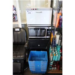 PRO HOTCAB TOWEL CABINET, MICROWAVE, AND BLACK STORAGE CABINET