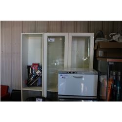 3 WHITE SALON PRODUCT CABINETS AND CURLING IRONS