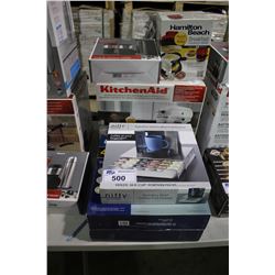 LOT OF ASSORTED SMALL APPLIANCES: KITCHEN AID STAND MIXER, OSTER WOK, COFFEE POD DRAWER, HAMILTON