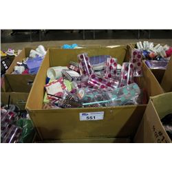 BOX OF TRAVEL CUPS AND PARTY SUPPLIES