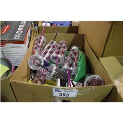 BOX OF TRAVEL CUPS AND PARTY SUPPLIES