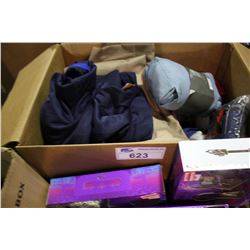 BOX OF LINENS, CLOTHING, AND HOUSEHOLD ITEMS
