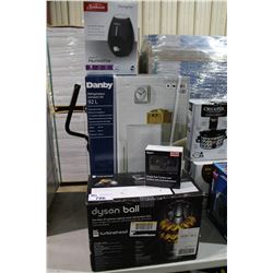 DYSON BALL VACUUM, DYSON TANGLE FREE TOOL. SUNBEAM HUMIDIFIER, AND DANBY BAR FRIDGE