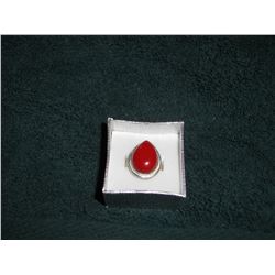 RED CORAL & .925 STAMPED SILVER RING (L831-3)