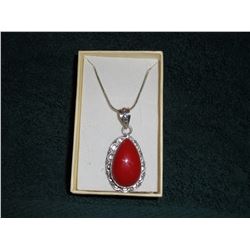 RED CORAL & .925 STAMPED SILVER PENDANT ON A 24" SILVER SNAKE NECKLACE (L831-4)
