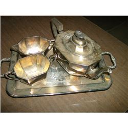 SILVER PLATED TRAY, TEAPOT, CREAMER, AND SUGAR DISH