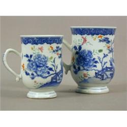 Two late 18th century Chinese export mugs, with underglaze blue decoration, and touches of polych...
