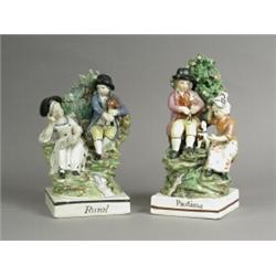 Two early 19th century Staffordshire figures 'Rural' and 'Pastime', on square bases, (with damage...