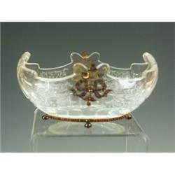 A late 19th century etched crystal glass bowl, mounted with Hungarian garnets set in gilt, (stone...