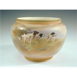 A Fieldings Crown Devon hand painted jardiniere, decorated with gun dogs on moorland, signed 'R....