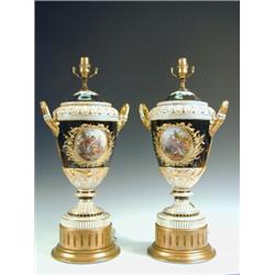 A pair of 19th century Berlin porcelain vases, each painted with pairs of circular panels of rust...