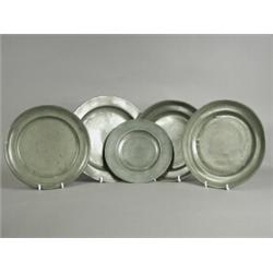 Five various pewter plates, each with touch marks, largest 24cm diameter Est. 100/150...