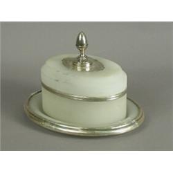 A French plated and opaline mounted oval butter dish, cover and stand, 21.5cm wide (stand) Est. 1...