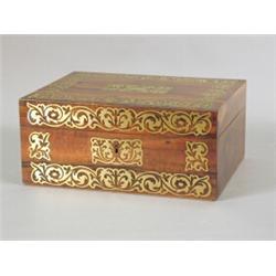 A mid 19th century rosewood and brass inlaid workbox with an internal tray, 27 x 5cm Est. 100/150...