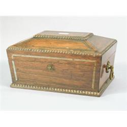 An early Victorian rosewood pagoda top workbox, with inlaid stringing and gadrooned edges, 29cm w...