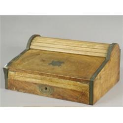 A 19th century camphorwood (?) and brass bound writing slope, with a frieze drawer a tambour roll...