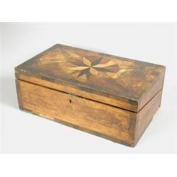 A mid 19th century satinwood and parquetry writing box, opening to reveal a leather inset writing...