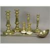 Image 1 : Three pairs of candlesticks; a pair of antique brass sticks with candle ejectors; a pair of class...