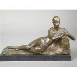 Marie Machen SPS SWA bronze sculpture, of a reclining female upon a black marble base, signed M....