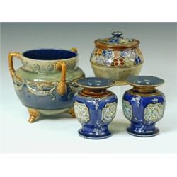A pair of Doulton Lambeth stoneware vases, a Royal Doulton cauldron shaped planter and lidded pot...