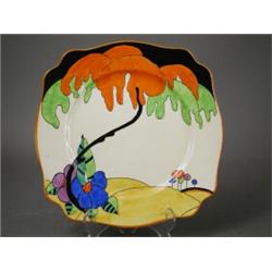 A Clarice Cliff 'Woodland' pattern bread plate, printed and inscribed marks verso, 22.5cm diamete...