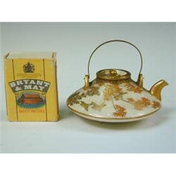 A late 19th century Satsuma miniature teapot on three feet, decorated with birds amongst blossom,...