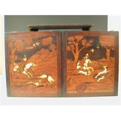 A pair of continental panels inlaid with hunting scenes in ivory and laburnum (some damage), 43cm...