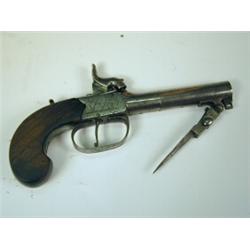 A pocket pistol with a spring bayonet action, inscribed London, (rubbed maker) Est. 80/120...