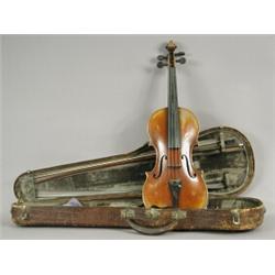 A violin with a two piece back and strung decoration, bears label inscribed 'Johan Stein' with bo...