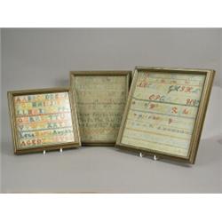 Three samplers, one dated 1837 by Elenor Anyan, aged 8, another by Lena Maria Anyan and another b...
