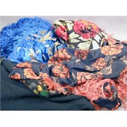 Four tasselled shawls, two with printed patterns, the others with silk damask decoration Est. 80/...