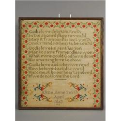 A Victorian needlework sampler, with a religious verse, by Eliza Anne Smith, April 1863, 45 x 42c...