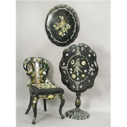 A Victorian papier mache chair with gilt and mother of pearl decoration, a similar snap top table...