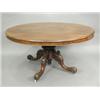 Image 1 : A Victorian mahogany oval dining table on a turned and carved stem and quadripartite legs, on cas...