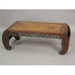 A Chinese hardwood carved scroll end table with a burrwood panel top, 96cm Est. 450/500...