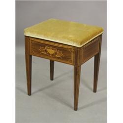 An Edwardian strung and inlaid rosewood piano stool with a hinged upholstered seat Est. 280/350...