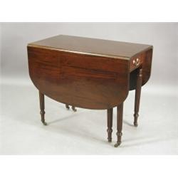 A mahogany drop leaf table with a reeded edge and two frieze drawers, raised on turned reeded leg...