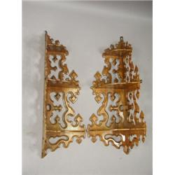 A Pair Of Edwardian Walnut Corner Wall Shelves With Fret Cut And Chamfered Decoration 79cm High