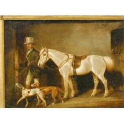Late 18th/early 19th century, HUNTSMAN, HORSE AND HOUNDS WITHIN STABLE INTERIOR, indistinctly...