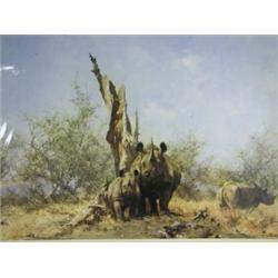 David Shepherd, 'RHINO BEWARE', limited edition signed print, numbered 289 of 1300, signed in...