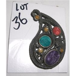 VINTAGE BROOCH WITH PURPLE/TURQUIOSE/RED & GOLD COLORED BEZELS!! BROOCH CAME OUT OF SAFE!!