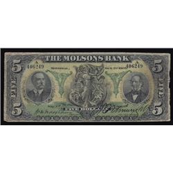 1905 Molsons Bank Five Dollars