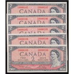 Lot of Five 1954 Bank of Canada Two Dollars Low Serial Number Notes